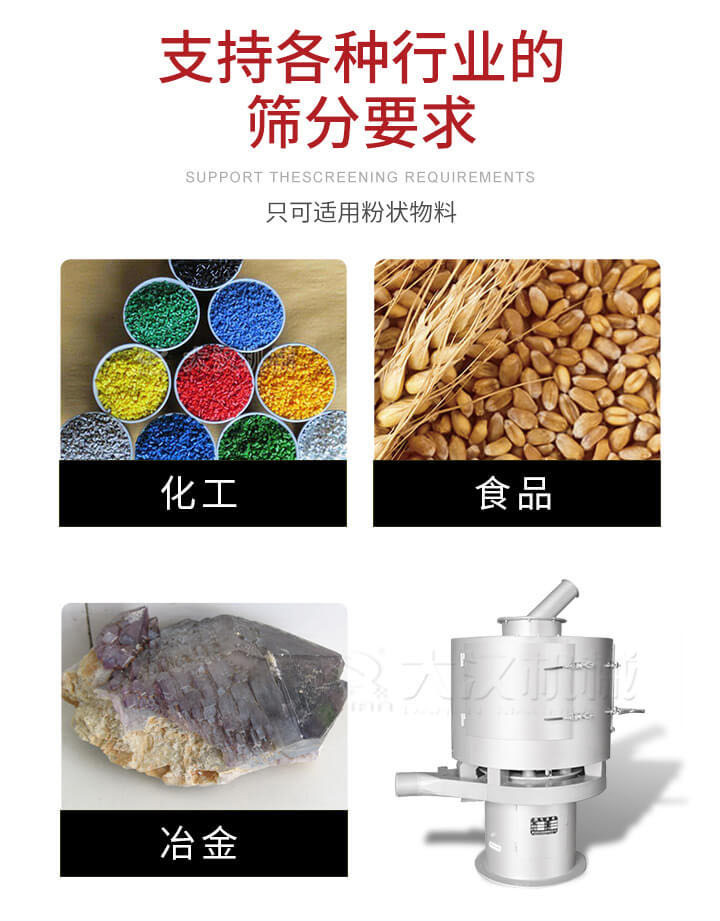 氣流篩用于礦粉，石墨粉，活性納米碳酸鈣，鋁灰，大豆粉，碳酸重鈣，石墨粉，木粉，干草，重金石粉，藥粉末，橡膠顆粒，草酸鹽，干料粉，木粉，聚酯粉，干粉，塑料，金屬粉末，橡膠粉，粉煤灰，石墨粉，陶瓷粉，鋅粉，石英粉，石灰粉，鐵粉，金屬硅粉等。