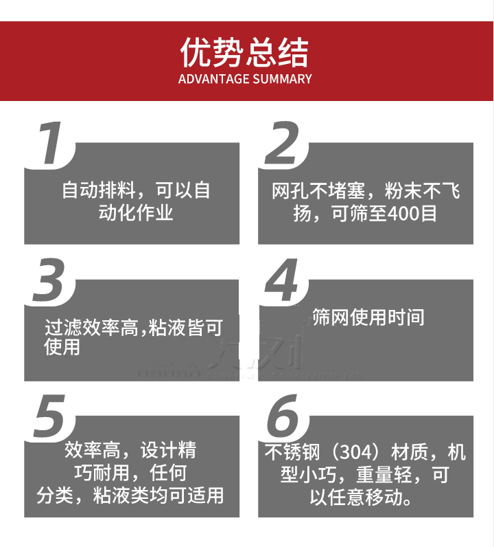 過濾篩優(yōu)勢總結(jié)：1，自動排料，可以自動化作用。2，網(wǎng)孔不堵塞，粉塵不飛揚(yáng)，可篩至400目。3，過濾效率高，任何粒，粉，粘液也可使用。4，篩網(wǎng)設(shè)計(jì)大大提高了篩網(wǎng)使用時間，也魏換網(wǎng)提高了方便。5，效率高，設(shè)計(jì)精巧耐用，任何分類設(shè)計(jì)精巧耐用，任何分類，粘液類均可適用。6，不銹鋼材質(zhì)機(jī)型小巧，重量輕，可以任意移動。