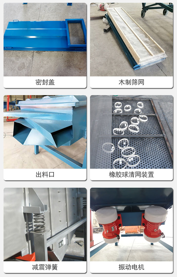 直線篩結(jié)構(gòu)展示：篩網(wǎng)，篩箱，振動電機，振動電機座，減震彈簧，支架等部件展示圖