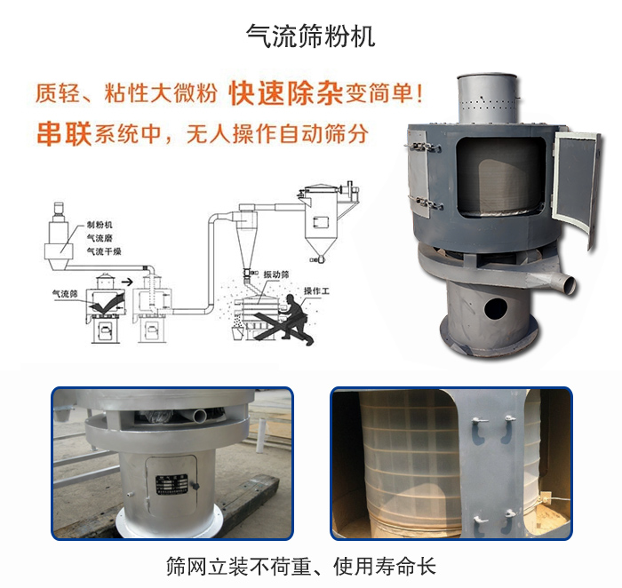 氣流篩粉機(jī)適用：質(zhì)輕，粘性大微粉采用串聯(lián)系統(tǒng)重，無(wú)人操作自動(dòng)篩分 特點(diǎn)：篩網(wǎng)立裝不負(fù)重，使用壽命長(zhǎng)。