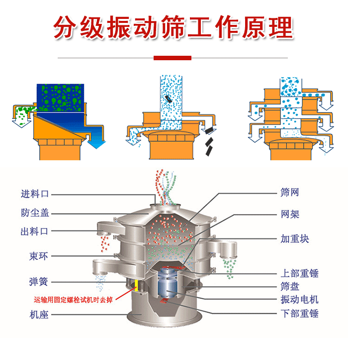 分級(jí)振動(dòng)篩內(nèi)部結(jié)構(gòu)：進(jìn)料口，防塵蓋，出料口，束環(huán)，彈簧，機(jī)座，篩網(wǎng)，網(wǎng)架，上部重錘，振動(dòng)電機(jī)，下部重錘。