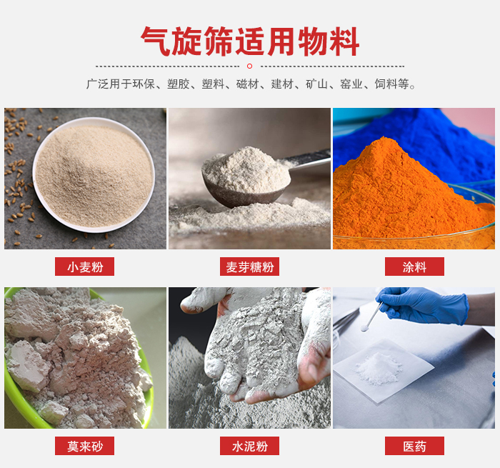 氣旋篩適用物料：小麥粉，麥芽糖粉，涂料，等粉狀物料。